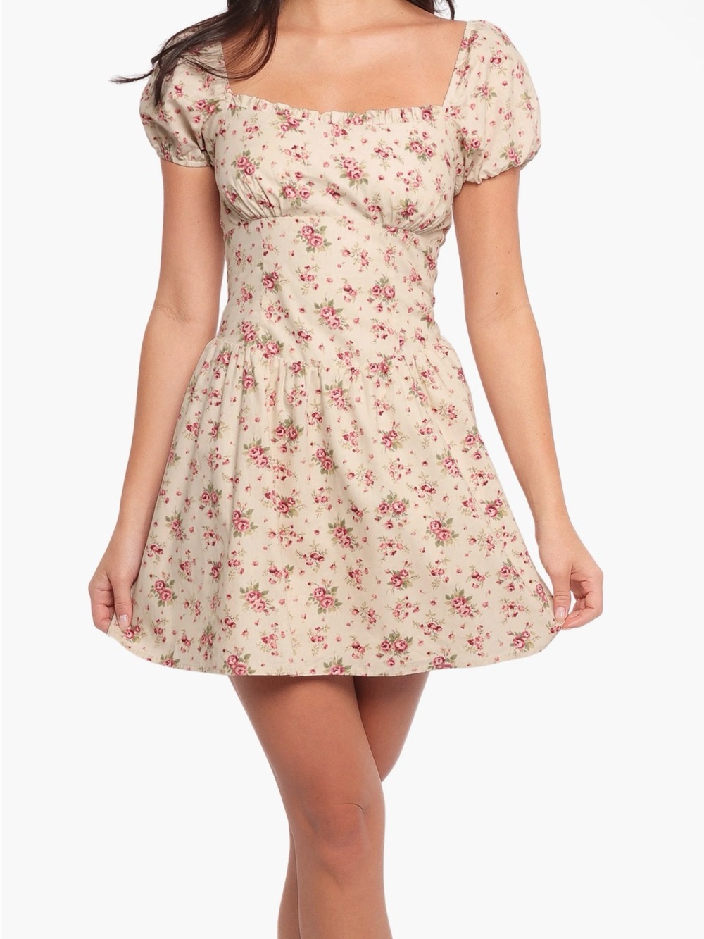 New! Floral Square-Neck Mini Dress Cream Pink L NWT petal pup cottage farm core